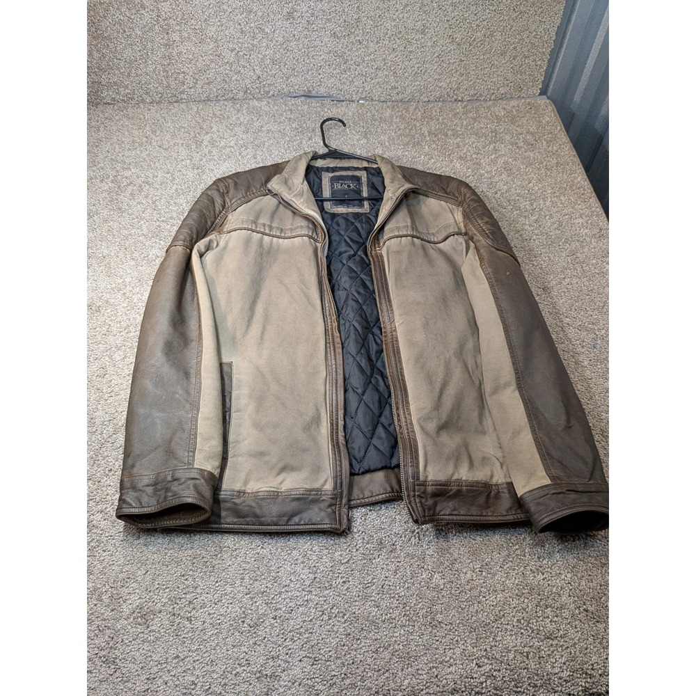 Buckle Black Athletic Fit Mixed Media Canvas Leather Trim Jacket Brown Tan L